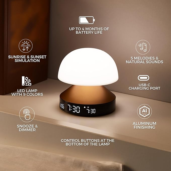 Lexon Mina Sunrise Alarm Clock, Wake Up Light & Sunset Lamp for Sleep Routine - Bronze