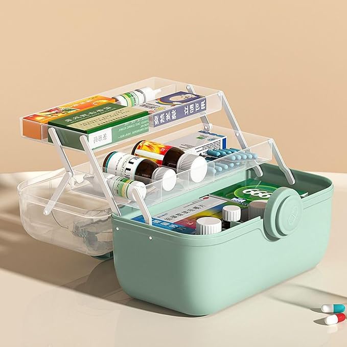 Medicine Storage Containers 3-Tier Fold Tray Plastic Medical Supply Organizer with Removable Pill Case & Handled, Empty Family First Aid Box for Medicine, Art, Family Emergency Kit [Green]