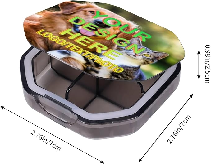 Customizable Portable 4-Compartment Pillbox, Printed with Your Photo, Text, and Logo. It can be Placed in Your Pocket or Wallet to Store Vitamins, Medicines/Health Supplements/Other medications.