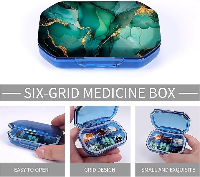 This Portable Teal Gold Marble Pattern 6-Compartment Pillbox Can Be Placed in A Pocket Or Wallet to Store Vitamins, Medicines Fish Oil Health Supplements Other Medications.
