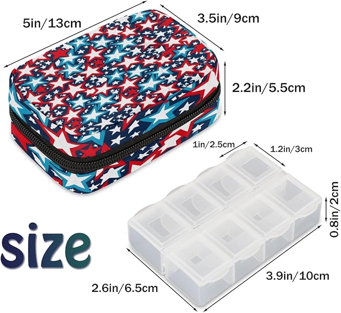 American Flag Star Travel Pill Organizer Box Weekly Portable Pill Case Daily Pills 7 Day Small Birth Control Pills Container Removable Compartments for Medicine Vitamins Fish Oil