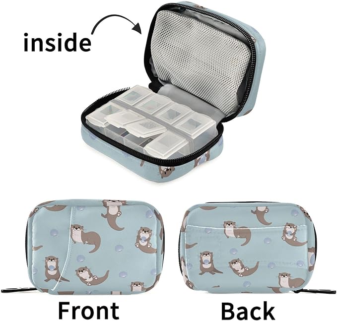 Pill Box Sea Otters 7 Day Pill Case Travel Pill Organizer Bag with Zipper Portable Weekly Vitamin Medicine Supplement Holder Pouch Bag