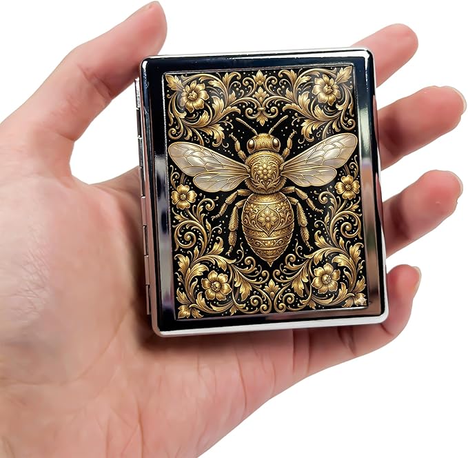 Metal 7 Day Pill Organizer, Cute Small Weekly Pill Case with 8 Compartments for Travel, Moisture-Proof Medicine Holder for Purse, Compact Daily Vitamin Box (Golden Bee Baroque)