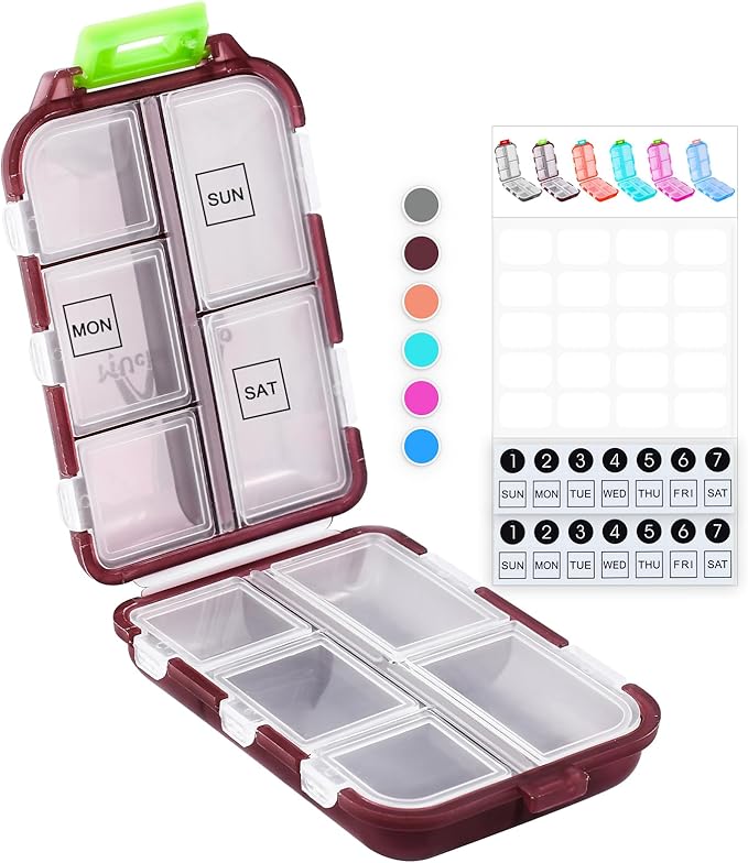 M MUchengbao Travel Pill Organizer Pocket Pharmacy ，with 3 Types of Labels 10 Compartments Small Fold Pill Box BPA-Free Daily Travel Pill Case Medicine Organizer for Store (Red)