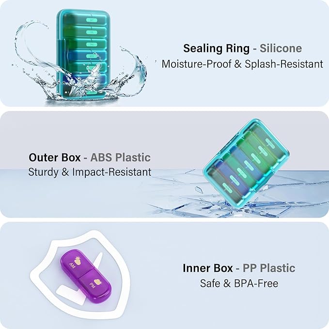 Weekly Pill Organizer 2 Times a Day, 7 Day Pill Box 2 Times, Portable for Travel Pill Case for Pills/Vitamin/Fish Oil/Medication/Supplements (2x7 Blue+Rainbow)