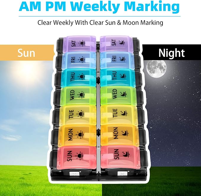 FGcase AM PM Weekly 7 Day Pill Organizer, Large Daily Pill Cases Pill Box with Easy Push Button, Pill Reminder Container for Medicine, Vitamin, Pills, Fish Oil and Supplement