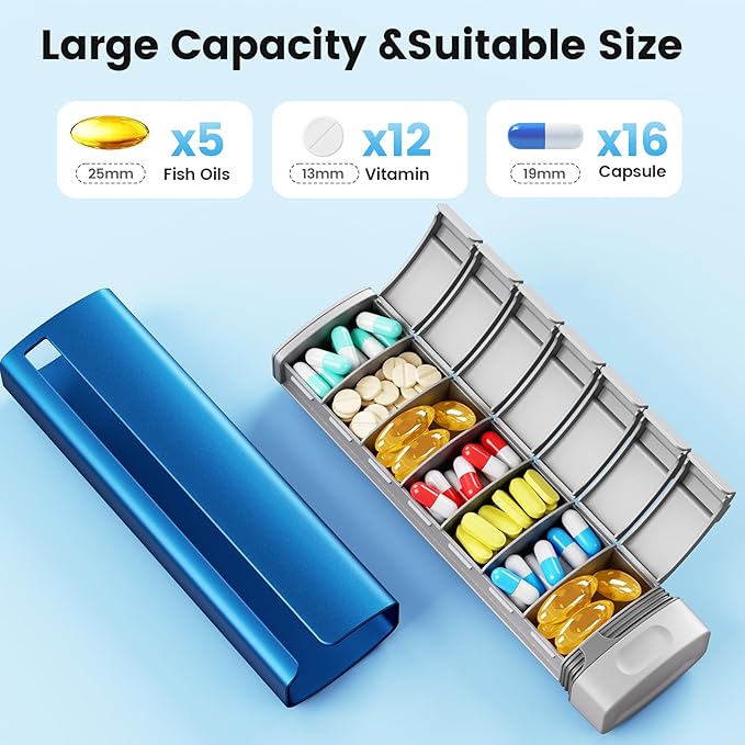 Daviky Metal Travel Pill Organizer, Premium Aluminum Pill Box 7 Day, Weekly Daily Pill Case, Stylish&Cute Pill Holder for Medicines, Supplements and Vitamins (Blue+Gray)