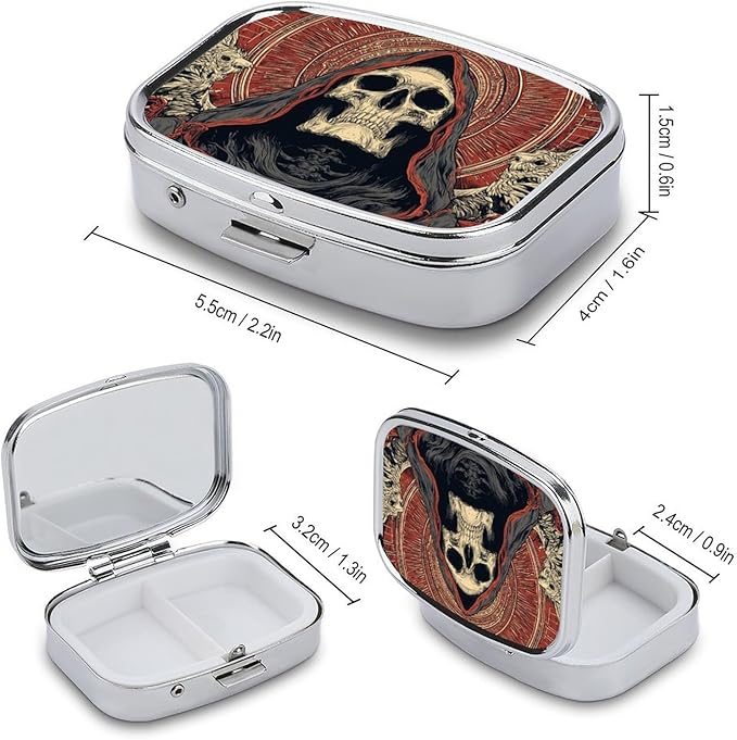 Metal Pill Organizer – 2-Compartment Pocket Pill Box for Vitamins, Supplements, Medications – Compact Travel Case (Reaper Skull with Sacred Halo)