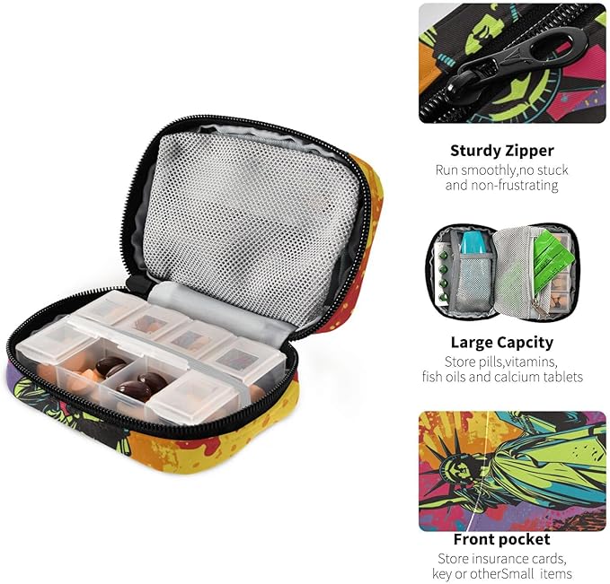 Comic Statue of Liberty Travel Pill Organizer Case Box Container Weekly Portable Vitamin Medicine Holder Storage Bag with Zipper Removable