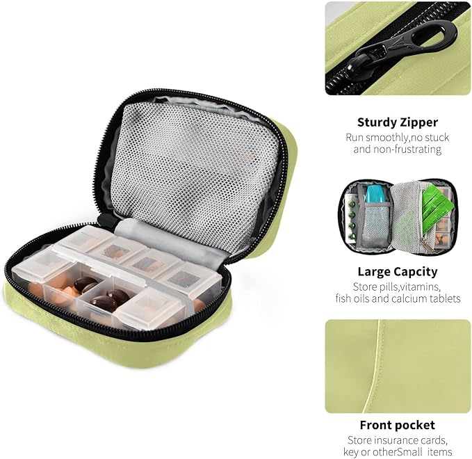 Naanle Pill Box 7 Day Case Travel Organizer Bag with Zipper Portable Compact Size for Vitamin Supplement Holder, Solid Color Chartreuse Yellow, 4.6 x 3.14 x 1.88 Inch, 0.12 kilograms, 1.0 Count