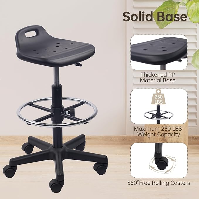 Round Rolling Drafting Stool with Foot Rest, Height Adjustable Swivel Multi-Purpose Office Desk Chair with Breathable Seat Cushion Stools for Home Bar Kitchen Salon Spa Medical, Black 2PK