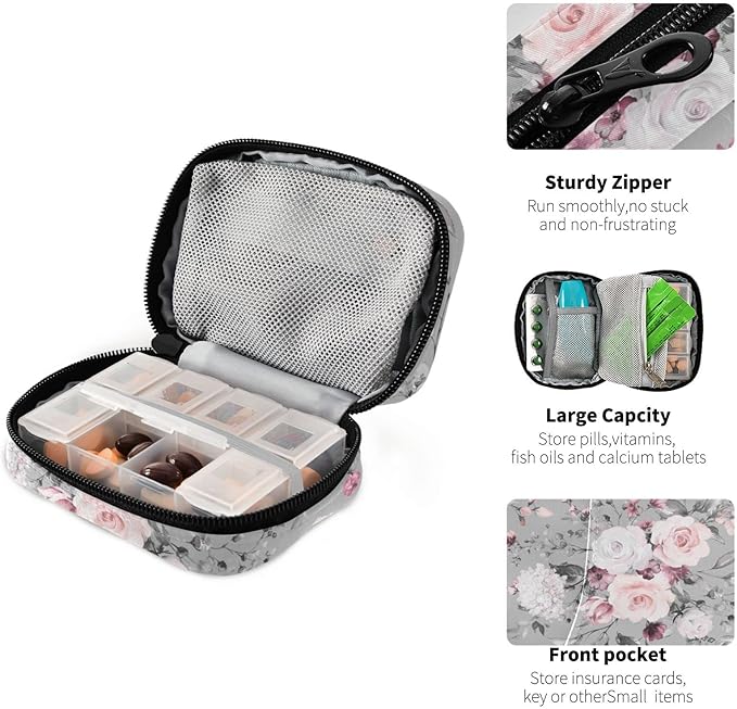 Watercolor Flower Pill Box 7 Day Pill Case Travel Pill Organizer Bag with Zipper Portable Weekly Vitamin Medicine Supplement Holder Pouch Bag