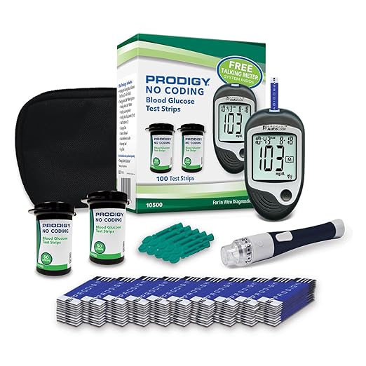 PRODIGY 10500 100ct Test Strips with AutoCode Talking Meter Starter Kit, PRODIGY AutoCode Blood Glucose Talking Meter, No Coding Blood Glucose Test Strips (2 vials of 50ct), Adjustable Depth Lancing Device, Twist Top Lancets 28G (10ct), Carrying Case, ...
