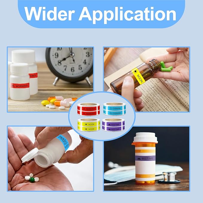 2000 Pcs Pre-Cut Medicine Stickers Medication Instruction Labels Morning Noon Evening Bedtime Medication Reminder Stickers for Pill Case Planner or Pocket Pharmacy Labels (500 Per Roll 4 Rolls