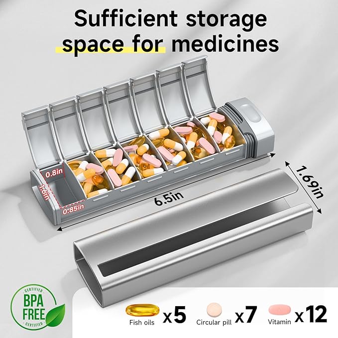 Travel Pill Organizer Weekly, 1 Time a Day ，Upgrade Premium Aluminum Alloy Daily Pill Box 7 Day, Portable Metal Pill Case, Cute Pill Holder to Hold Vitamins, Medicines, Pills, Supplements (Grey)