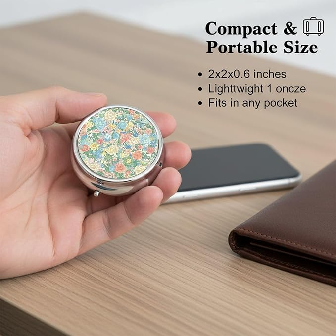 Round Pill Case Small Pill Box with Mirror Pocket 3 Compartment Vitamin Pill Medicine Case Organizer Pill Containers for Traveling Flower Blooming