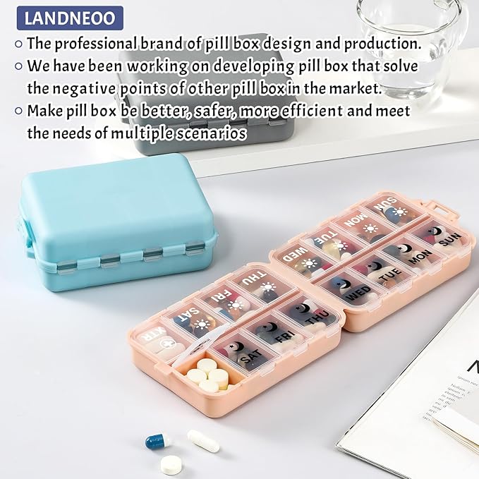 Foldable Weekly Pill Organizer 2 Times a Day with 2 Extra Compartments (Clear Printed Labels) - Portable 7 Day AM PM Medicine Box, Week Daily Travel Pill Case Holder for Vitamin, Supplement - Pink