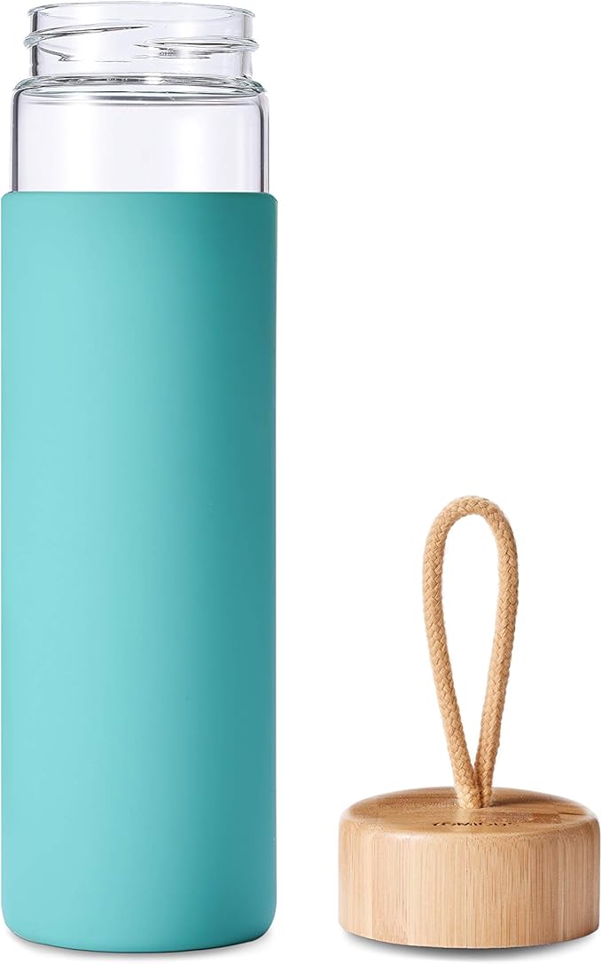 20 Oz Borosilicate Glass Water Bottles with Silicone Sleeve BPA Free, Dishwasher Safe - Reusable Clear Glass Drinking with Leak Proof Bamboo Lid | Perfect Gym Water Bottles for Men & Women