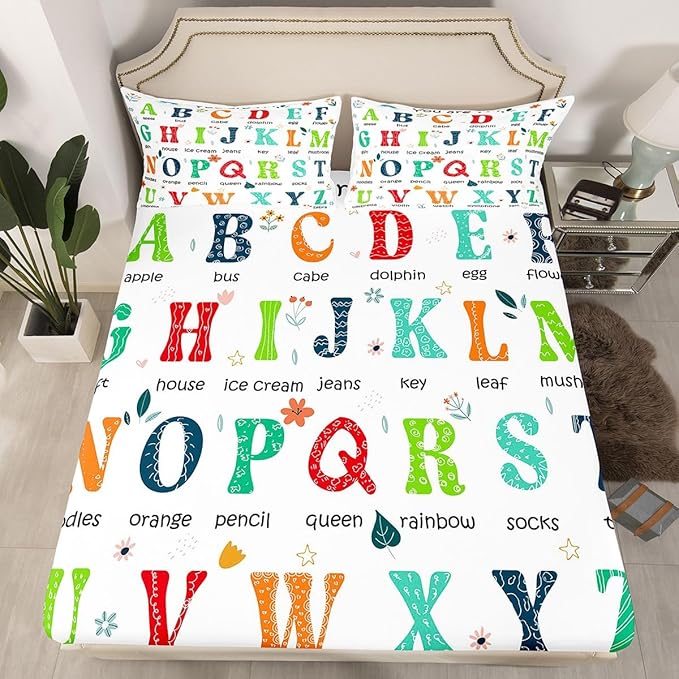 ABC Alphabet Fitted Sheet Twin Size, Learning Educational Bedding Set Cute Cartoon Funny Positive Words Bed Sheet Set for Kids Toddler Educational Bed Cover 2Pcs (No TOP Sheet)