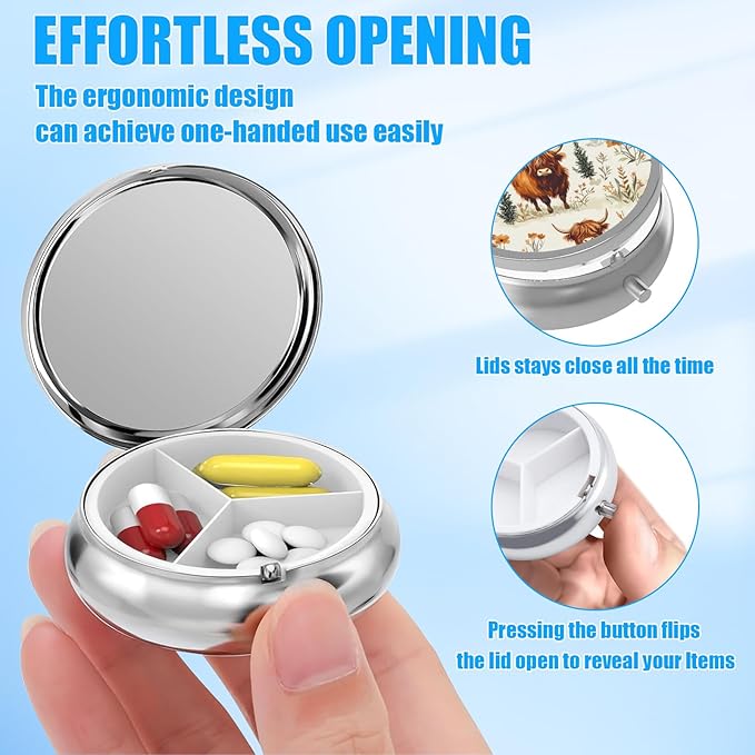 Pill Box, 3 Compartments Small Pill Case Travel Portable Metal Medicine Box with Mirror Mini Container for Purse Pocket Women Men（Highland Cow Floral）