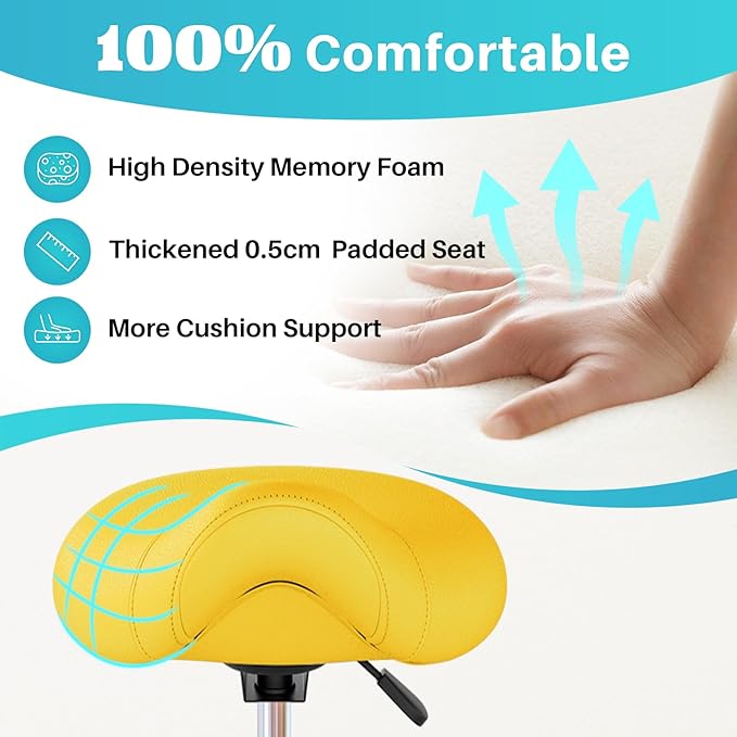 YEEZEE Saddle Stool Ergonomic- Comfortable Rolling Saddle Stool with Wide Thick Saddle Seat Padding, Swivel Adjustable Saddle Chair with Wheels and Ring Pedal for Medical Massage Salon (Yellow)