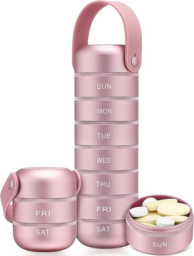 Zannaki Metal Weekly Pill Organizer, Large Travel Pill Box 7 Day, Waterproof Daily Pill Case with Silicone Handle, Aluminum Alloy Portable Pill Holder Container for Vitamin, Medicine, Supplement,Pills