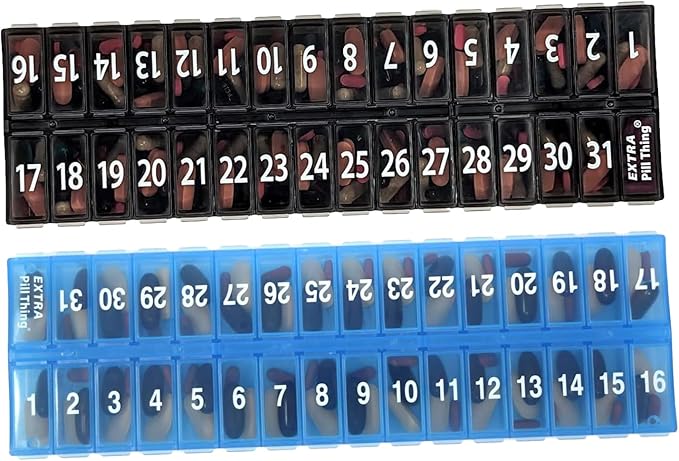 PILL THING AM PM 31 Day Once-a Day Monthly Pill Planner Organizers - Large Compartment Pill Boxes Store Medications for Entire Month Plus Compartment for Extra Pills (AM/PM) (Am/Pm Black & Blue)