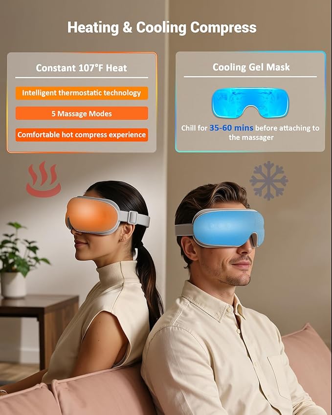 Eye Massager with Heat and Cooling, 5 Massage Modes for Eye Dry Fatigure and Migraines Relief, Lightweight Foldable for Office Home Travel Stress Relief, Gift for Women Men (Grey)