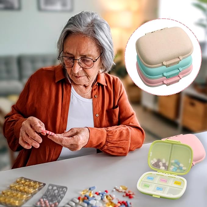 4 Pack Travel Pill Organizer,8 Compartments Weekly Pill Box Moisture Proof Small Pill Case for Pocket Purse Daily Portable Medicine Vitamin Holder Container（Blue+Green+Khaki+Pink）