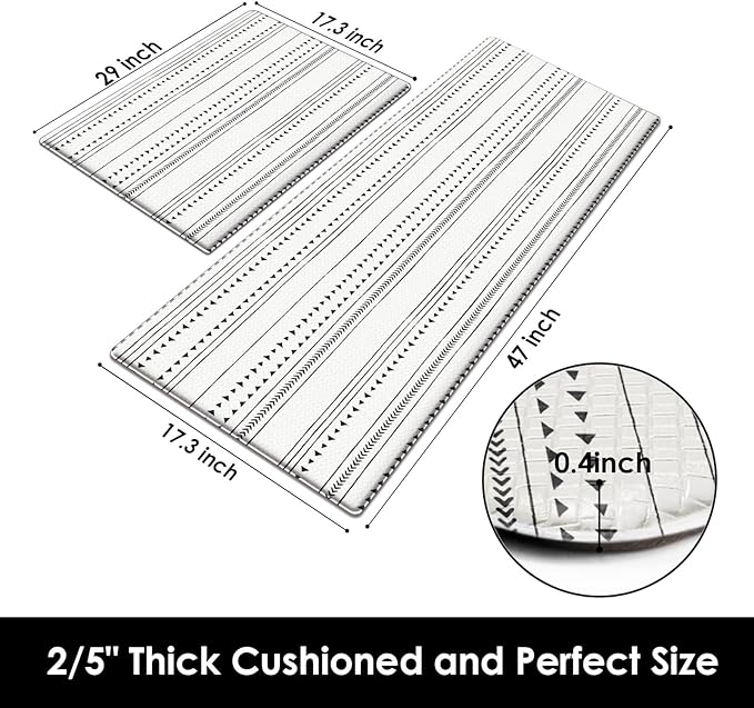 Arttown Black Anti-Fatigue Kitchen Rug Set of 2 White Arrow Trellis Cushioned Floor Standing Mat Waterproof Non-Slip Mat and PVC Ergonomic Comfort Foam Rug