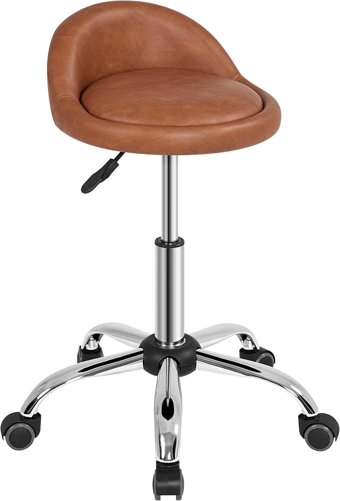 Yaheetech Rolling Stool Adjustable Swivel Stools Chair with Wheels & Back Support Round Tattoo PU Leather Salon Stools for Massage Spa, Retro Brown