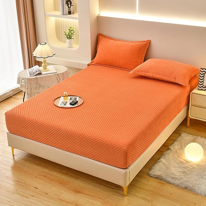 ZIQINPSQ Coral Velvet Fitted Sheet-Thickened Cold-Resistant and Warm Bed Sheets-Soft Velvet Fleece Fitted Sheets with-Elastic All Around. (Orange, Twin XL)