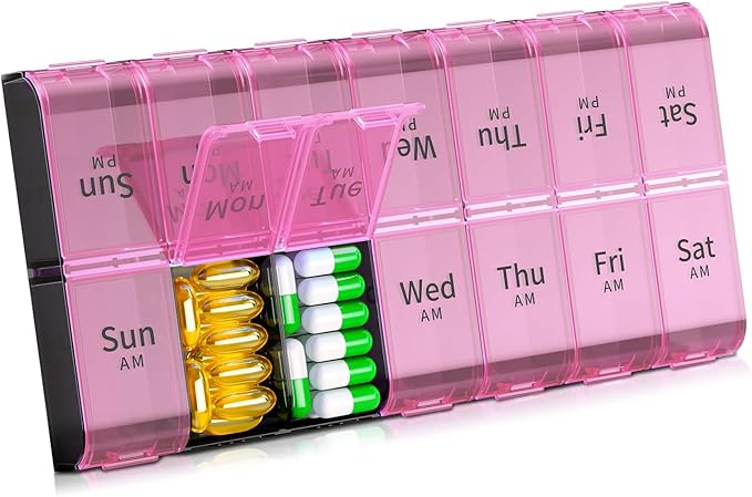 Daviky XL Large Weekly Pill Organizer 2 Times a Day, Extra Big 7 Day Pill Box AM PM, Daily Pill Case Medicine Organizer with 14 Compartments, Day Night Container for Fish Oils, Vitamin, Supplement