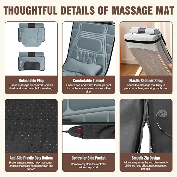 Full Body Massage Mat with Heat, Detachable Neck Massager & Foot Massager, Full Body Vibration Massage Mats with Lumbar Pillow, 9 Vibration 3 Timer Settings, Gift for Men Women