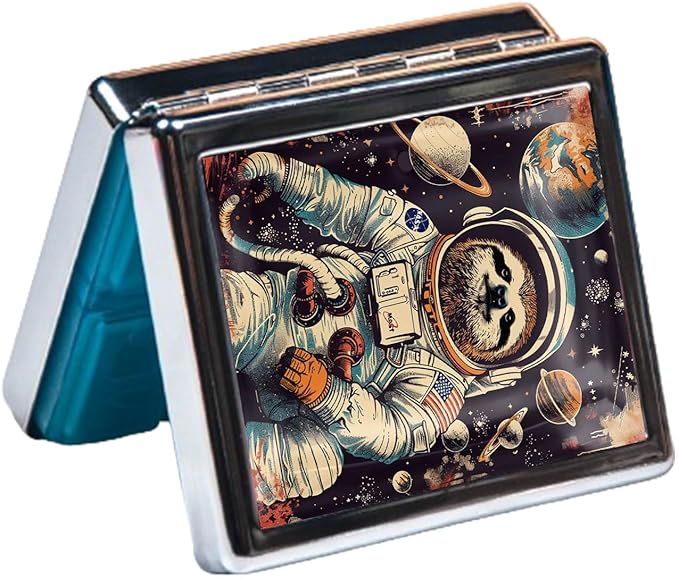 7 Days Chromed Shiny Silver Pill Organizer with Mirror Inside Has 8 Separate Compartments Rectangle 7 Days Pill Box Pill Case (Sloth Astronaut)