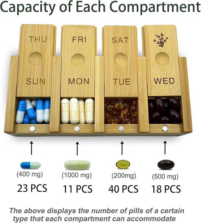 7-Day Bamboo Weekly Pill Organizer for Medicine Supplement, Arthritis Friendly Wood Pill Case Box for Vitamin, Daily Portable Travel Pill Holder Dispenser Container Keeper