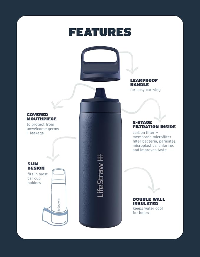LifeStraw Go Series – Insulated Stainless Steel Water Filter Bottle for Travel and Everyday Use, Removes Bacteria, Parasites and Microplastics, Improves Taste, 1L Cactus Green