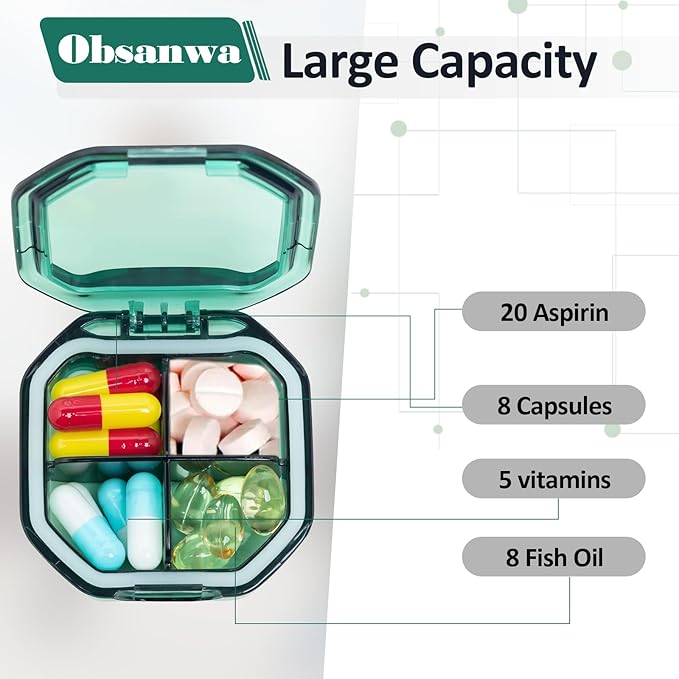 Daily Pill Organizer, 2 Pack 4 Compartments Small Pill Box Portable Pill Case, Travel Pill Organizer for Purse Pocket to Hold Vitamins, Cod Liver Oil, Supplements and Medication (Green+Grey)