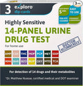 Exploro 14 Panel Urine Drug Test Kit, Instant at Home Drug Test for 7 Illicit & 7 Prescription Drugs THC,OPI,AMP, BAR, BUP, BZO, COC, mAMP, MDMA, MTD, OXY, PCP, EDDP, TCA, Drug Test Kit (Pack of 3)