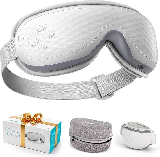 ALLJOY Eye Massager with Heat, Compression, Bluetooth, Heated Eye Mask with Music, Relieve Fatigue, Improve Sleep, Reduce Stye Eyes, Gifts for Dad, Friends and Mom(White)