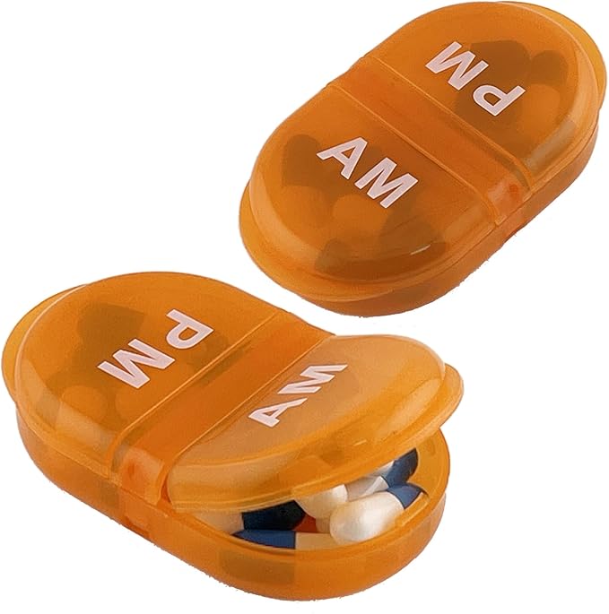 Deke Home - Pill Organizer AM PM, 2 Compartment Pill Box for Pocket or Purse, Small Daily Medicine Case, Travel Pill Holder, Easy Open Pill Container for Seniors, Vitamins & Supplements (Orange)