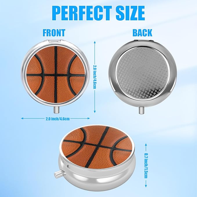 Pill Box, 3 Compartments Small Ball Sport Pill Case Travel Portable Metal Medicine Box with Mirror Mini Container for Purse Pocket Women Men(Basketball)