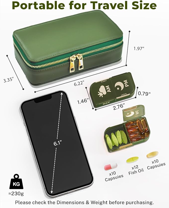 Pill Organizer 2 Times a Day (AM PM), Weekly Pill Box with PU Leather Travel Case, Portable Medicine Organizer for Travel, Work & Supplements (Green)