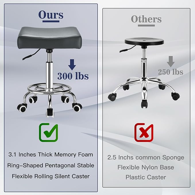 Square Salon Rolling Stool - 300lbs Weight Capacity，Adjustable Swivel Stool with Wheel，Pu Leahter Comfortable Cutting Stools for Salon Tattoo Stylist Massage Perfect for Work SPA (Grey)