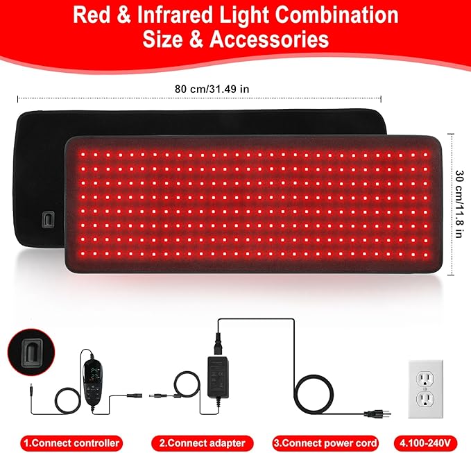 Red Light Therapy Pad Wearable 660nm & 850nm Infrared Light Therapy Mat Devices 31.5" x 11.8" Large Wrap Belt for Body Back Shoulders Waist Joint Muscle Pain Relief