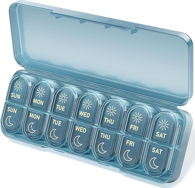 Betife AM PM Pill Organizer 7 Day, Weekly Pill Organizer 2 Times a Day, Daily Pill Box AM PM, Portable Travel Medicine Case, Day Night Pill Container for Medication, Vitamin or Supplement（Ocean Blue）