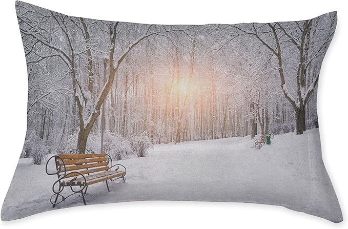 XISUNYA Decorative Fitted Sheet Set Twin Size, Winter Deep Pockets Fitted Sheet & 2 Pillow Sham Set, Snowy Leafless Trees and Benches in The City Park Printed Microfiber Bedding 3pc Set,for Mattress