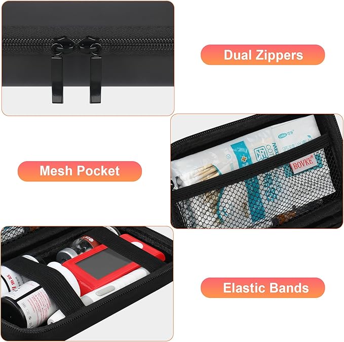 BOVKE Diabetic Supplies Case, Diabetes Travel Bag for Testing Kit, Blood Glucose Monitor Meters, Test Strips, Medication, Lancets, Needles, Syringes and Other Diabetic Supplies, Black