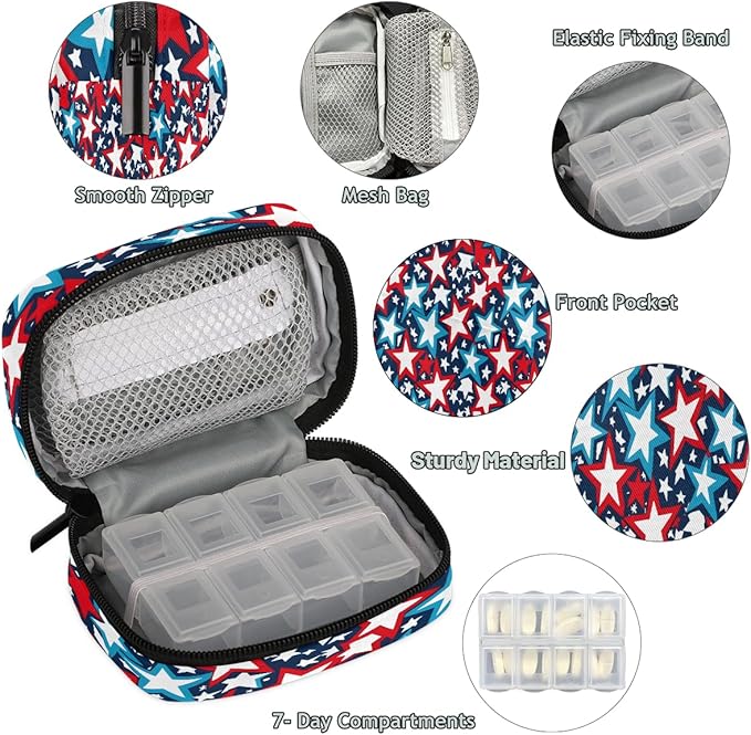 American Flag Star Travel Pill Organizer Box Weekly Portable Pill Case Daily Pills 7 Day Small Birth Control Pills Container Removable Compartments for Medicine Vitamins Fish Oil