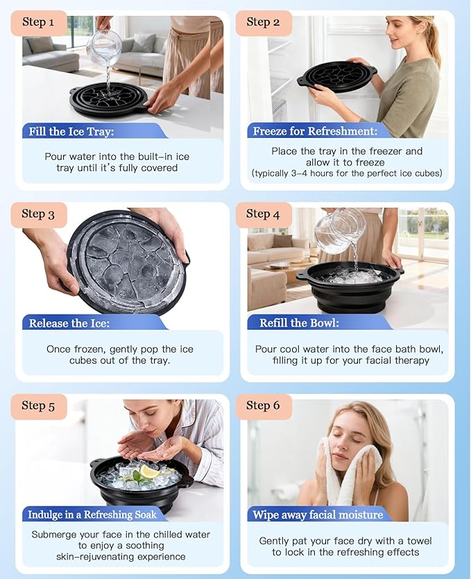 Face Bowl for Ice with Built-in Ice Tray – Collapsible Silicone Facial Ice Bath Bowl for Cold Plunge Therapy, Skin Tightening & Acne Relief – Portable Spa Tool for Home & Travel(Black)
